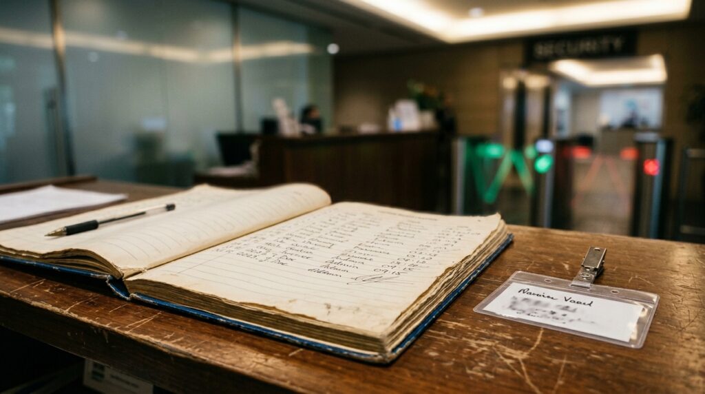 Vista em primeiro plano de um método tradicional de portaria: um antigo livro de registro de visitantes em papel, aberto sobre um balcão de madeira rústica e gasta. As páginas contêm nomes, dados e horários preenchidos à caneta. Ao lado do caderno, repousa um crachá de visitante em uma capa plástica transparente com prendedor de metal. O plano de fundo está intencionalmente desfocado, contrastando a cena com uma recepção moderna equipada com catracas eletrônicas iluminadas por luzes verdes.