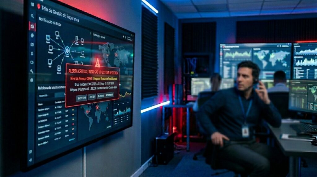 Em uma sala de monitoramento com iluminação ambiente suave nas cores azul e vermelha, uma grande tela de TV fixada na parede exibe um sistema intitulado "Tela de Gestão de Segurança". No centro da tela, há uma janela de pop-up vermelha destacada com um símbolo de triângulo de advertência e o texto em letras maiúsculas "ALERTA CRÍTICO | INTRUSÃO NO SISTEMA DETECTADA", mostrando detalhes como nível de ameaça e ID do incidente. Ao fundo, um operador de segurança focado conversa pelo headset enquanto olha para outros monitores.