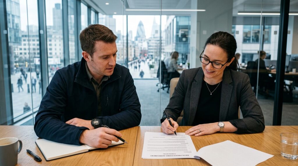 Um homem com uma jaqueta escura e uma mulher de óculos e blazer cinza estão sentados lado a lado em uma mesa de madeira em uma sala de reuniões com paredes de vidro. Eles analisam e assinam um documento impresso intitulado "DATA PROCESSING AGREEMENT" (Acordo de Processamento de Dados). A mulher sorri enquanto segura uma caneta preta sobre o papel, e o homem acompanha a leitura com outra caneta em mãos. Ao fundo, através do vidro, vê-se a área externa movimentada de uma grande cidade com prédios modernos.