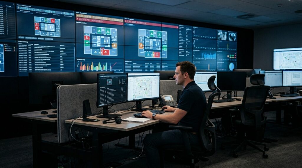 Vista em ângulo médio e de perfil de um operador de segurança trabalhando em uma central de monitoramento integrada de grande porte. Ele está sentado em uma cadeira ergonômica em frente a dois monitores que exibem mapas e registros de tráfego. À sua frente, estende-se um enorme painel de telas gigantes (videowall) cobrindo toda a parede de fundo. O painel exibe gráficos analíticos coloridos, mapas de calor, estatísticas de incidentes, plantas baixas digitais de edifícios industriais com marcações de status e fluxos de eventos em tempo real em um ambiente de luz controlada.