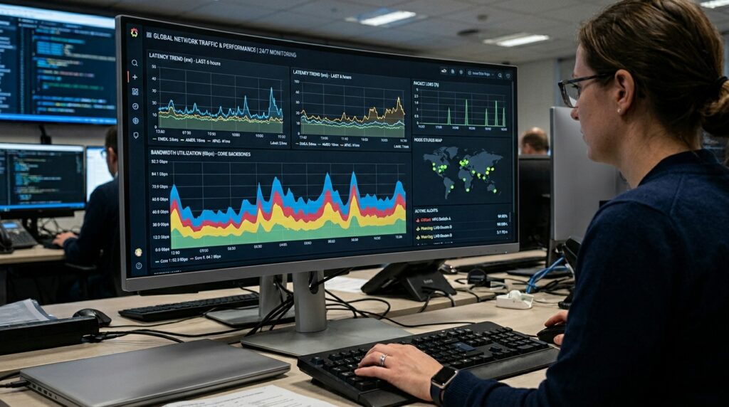 Vista lateral traseira de uma analista de TI de óculos trabalhando em frente a um monitor profissional ultrawide. A tela exibe um painel complexo de monitoramento de infraestrutura sob o título "GLOBAL NETWORK TRAFFIC & PERFORMANCE | 24/7 MONITORING". O dashboard apresenta gráficos detalhados de tendências de latência, um gráfico de área com camadas coloridas que ilustra a utilização de largura de banda, um mapa-múndi digital com nós conectados e alertas de sistemas ativos. A analista digita em um teclado mecânico preto sobre uma bancada clara e organizada.