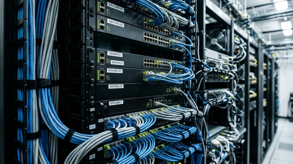 Close-up em ângulo lateral focado no gerenciamento de cabos estruturados dentro de um rack de TI em um data center. Vários switches de rede e unidades de gravação pretas estão montados e identificados com etiquetas brancas como "SW-CORE-03", "SW-NVR-01" e "NVR-REC-02". Dezenas de cabos ethernet azuis e cinzas estão perfeitamente penteados, amarrados em feixes organizados com abraçadeiras pretas e conectados às portas frontais, que exibem pequenas luzes LED verdes indicadoras de conexão ativa. Ao fundo, outras fileiras de servidores estendem-se pelo corredor técnico.