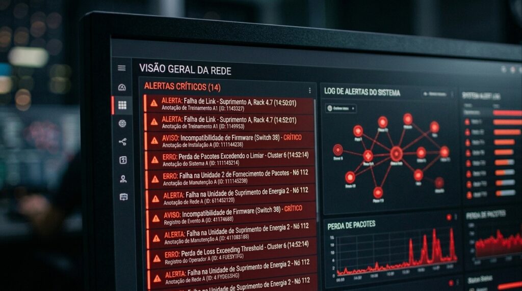 Close-up em ângulo de um monitor de computador exibindo um sistema de gerenciamento e diagnóstico de TI intitulado "VISÃO GERAL DA REDE". A coluna da esquerda exibe uma lista vertical de "ALERTAS CRÍTICOS (14)" destacados em caixas vermelhas de aviso. Entre os erros textuais em português, lê-se: "AVISO: Incompatibilidade de Firmware (Switch 38) - CRÍTICO", "ERRO: Perda de Pacotes Excedendo o Limiar" e "ALERTA: Falha de Link". Do lado direito, o dashboard mostra um mapa de rede com nós interconectados em vermelho e um gráfico de linhas com picos agudos sob o título "PERDA DE PACOTES".