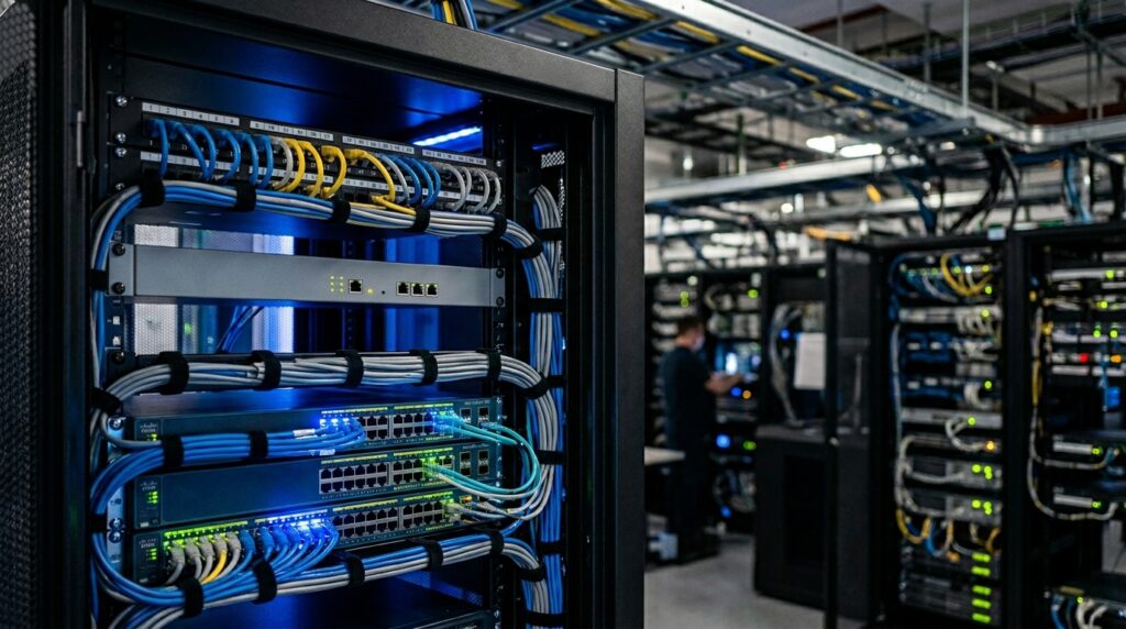 Close-up em ângulo lateral focado no cabeamento estruturado de alta performance dentro de um rack de TI preto. O rack acomoda múltiplos switches de rede onde dezenas de cabos ethernet nas cores azul, amarela e cinza estão perfeitamente penteados e organizados em feixes firmados por abraçadeiras de velcro pretas. As portas frontais dos switches exibem pequenas luzes LED acesas nas cores verde e amarela. O plano de fundo amplo e com foco suave revela o interior de um grande data center com calhas metálicas de fiação no teto e outro funcionário trabalhando ao longe.
