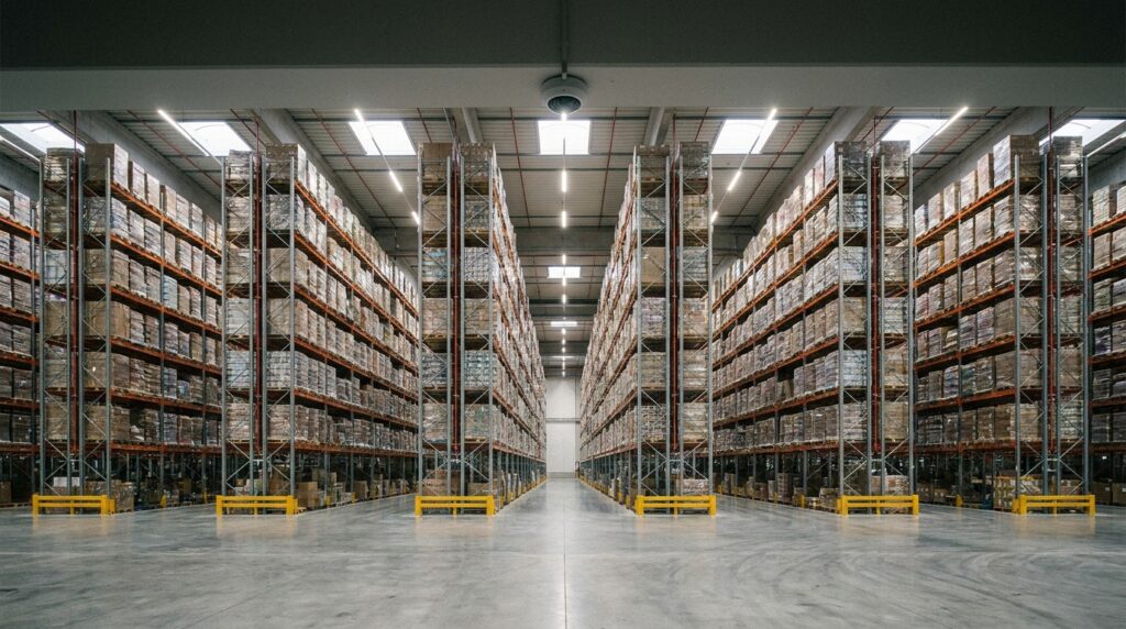 Visão interna ampla e simétrica de um grande centro de distribuição ou galpão logístico moderno e totalmente organizado. Fileiras paralelas de altas estruturas metálicas de armazenamento (porta-paletes) erguem-se até o teto, repletas de caixas e mercadorias embaladas de forma idêntica. O piso de concreto polido reflete a forte iluminação vinda de luminárias LED lineares e claraboias no teto industrial. No topo central do teto, uma câmera de segurança do tipo dome monitora discretamente o ambiente. Na base de cada estrutura metálica, há barreiras de proteção pintadas de amarelo brilhante. O local está totalmente vazio.
