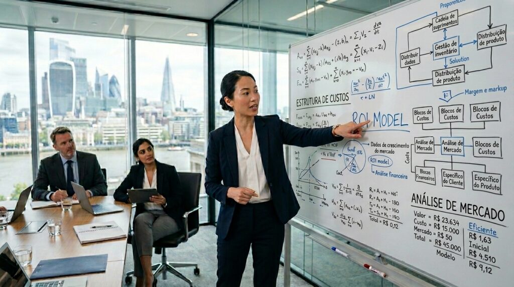Uma executiva de ascendência asiática vestindo blazer escuro e blusa branca lidera uma apresentação em uma sala de reuniões com uma vista panorâmica para os arranha-céus da cidade de Londres ao fundo. Ela está em pé, apontando o dedo indicador para a inscrição "ROI MODEL" escrita em um grande quadro branco. O quadro está preenchido com equações matemáticas manuscritas, diagramas de blocos sobre "Estrutura de Custos", "Análise de Mercado" e um fluxo logístico de "Gestão de inventário". À esquerda, um homem e uma mulher sentados à mesa observam a explicação.
