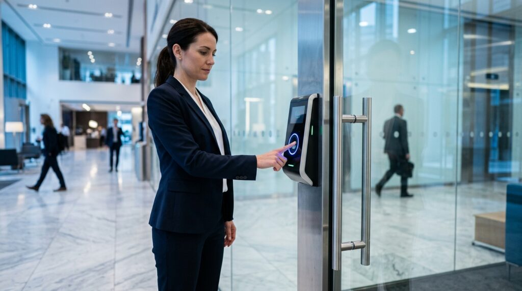 Vista de perfil de uma mulher de negócios vestindo terno azul-marinho e camisa branca utilizando um dispositivo eletrônico de controle de acesso fixado na moldura metálica de uma porta de vidro. Ela pressiona o dedo indicador sobre o sensor circular do terminal, que brilha com um anel de luz azul. Ao fundo, o saguão amplo, moderno e iluminado do edifício corporativo apresenta piso de mármore polido e a silhueta de outros profissionais caminhando pelo ambiente.