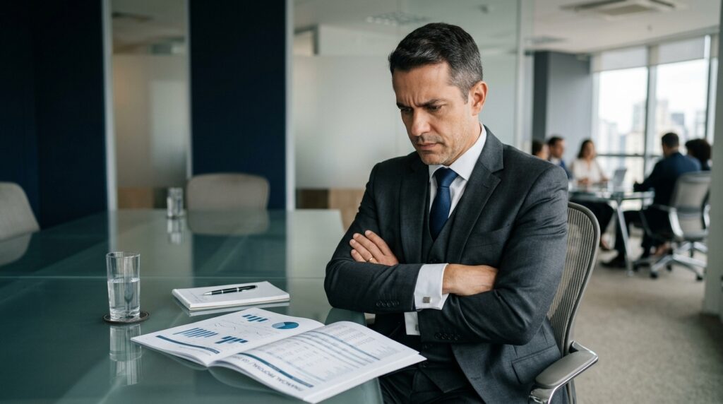 Vista em ângulo médio de um executivo homem de terno cinza-escuro, colete e gravata, sentado em uma sala de reuniões corporativa. Ele está com os braços cruzados e uma expressão séria e concentrada, olhando para baixo em direção a um relatório financeiro aberto sobre a mesa de vidro. Na mesa, há também um copo de água e um bloco de notas com uma caneta. Ao fundo, através de divisórias transparentes, outras pessoas aparecem desfocadas em uma reunião paralela próxima a grandes janelas com vista para a cidade.