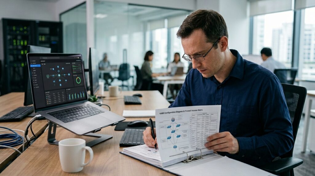 Um profissional de redes de óculos e camisa azul escura está sentado em sua mesa de trabalho em um escritório de conceito aberto. Ele está concentrado, segurando uma caneta preta enquanto analisa diagramas de rede e mapas de firewall impressos dentro de uma pasta fichário branca. À sua esquerda, um notebook apoiado em um suporte exibe um painel de gerenciamento de rede com fundo escuro e gráficos coloridos. Outros colegas de trabalho aparecem desfocados ao fundo.