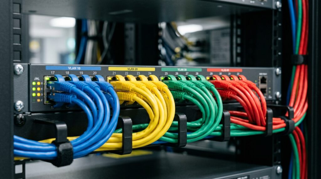 Close-up detalhado de um switch de rede montado em um rack de TI, exemplificando a segmentação física por cores. Quatro grupos de cabos de rede estão conectados e organizados em organizadores de cabos pretos. Cada grupo possui uma cor correspondente a uma etiqueta colorida no equipamento indicando diferentes redes virtuais: cabos azuis conectados sob a etiqueta azul "VLAN 10", cabos amarelos sob a etiqueta amarela "VLAN 20", cabos verdes sob a etiqueta verde "VLAN 30" e cabos vermelhos sob a etiqueta vermelha "VLAN 40".