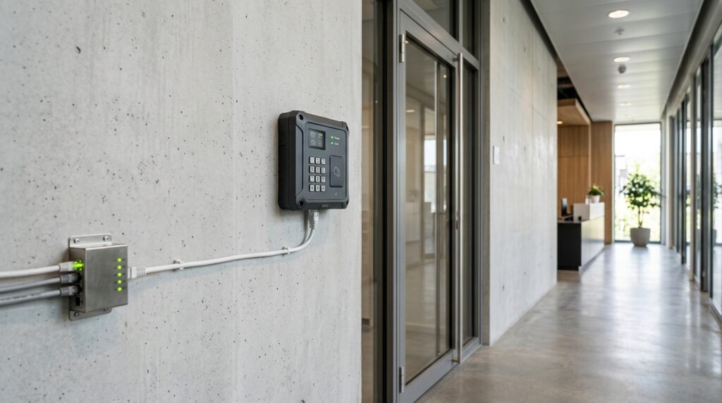 Close-up de uma parede de concreto aparente em um corredor corporativo moderno. Fixado na parede, há um dispositivo eletrônico preto de controle de acesso com teclado numérico e leitor de cartões, conectado por um cabo de rede branco a uma pequena caixa metálica de distribuição com várias luzes LED verdes acesas. Ao fundo, o corredor se estende de forma linear com portas de vidro, piso polido e um balcão de recepção visível ao longe de maneira suave.