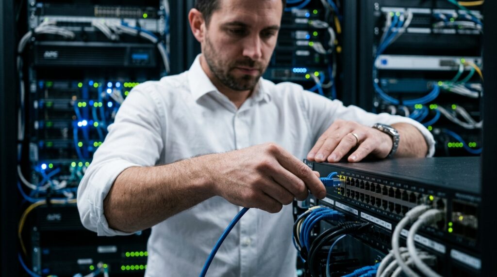 Close-up de um profissional de TI focado, vestindo uma camisa social branca com as mangas dobradas, trabalhando na manutenção de um data center. Ele aparece inclinado para a frente, utilizando as duas mãos para conectar com precisão um cabo de rede ethernet azul na porta frontal de um switch metálico preto. O switch está montado em um rack de servidores repleto de outros equipamentos cabeados que exibem pequenas luzes indicadoras acesas nas cores azul e verde ao fundo.