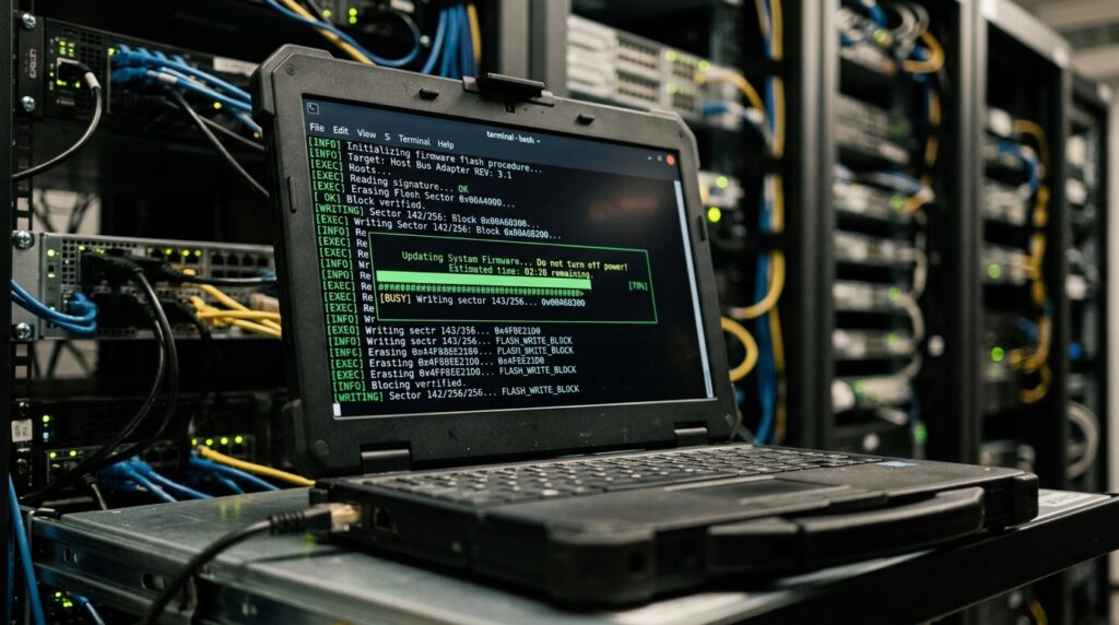 Close-up de um notebook industrial robusto (rugged laptop) preto, aberto e apoiado na bandeja de um rack de TI. A tela exibe uma janela de terminal com linhas de comando e código em texto verde sobre fundo preto, destacando um aviso central de atualização de sistema: "Updating System Firmware... Do not turn off power!" com uma barra de progresso em 70%. O plano de fundo mostra o interior do rack de servidores com profundidade de campo reduzida, revelando outros equipamentos eletrônicos com fiação estruturada de cabos azuis e amarelos e luzes indicadoras brilhantes.
