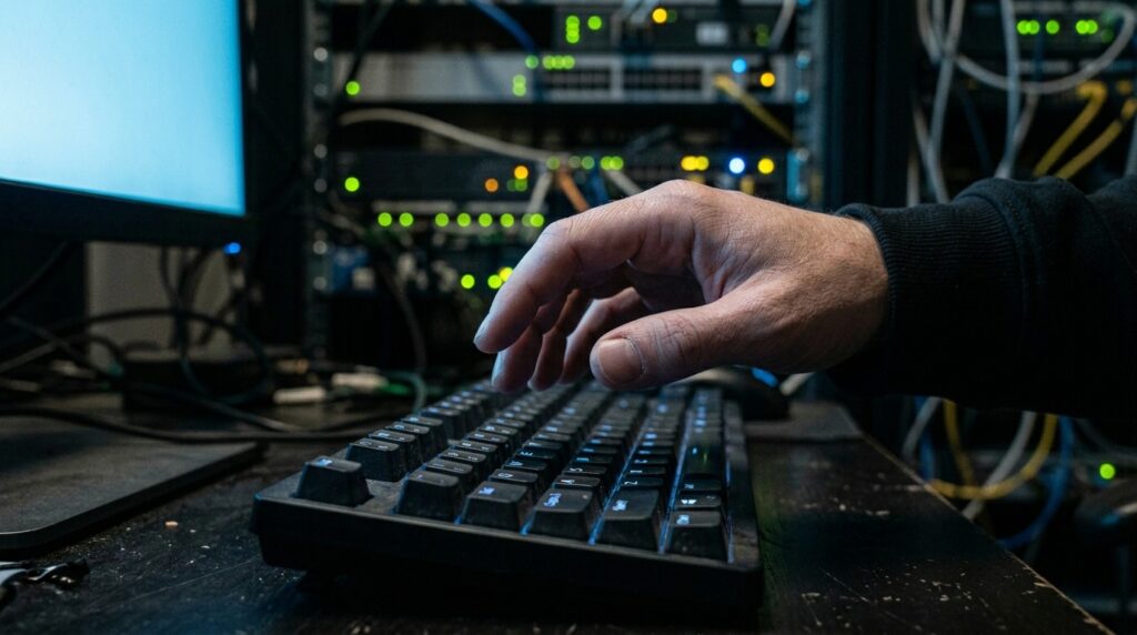 Close-up com foco seletivo na mão de um técnico de TI posicionada sobre um teclado mecânico preto, prestes a digitar. A ação ocorre em uma mesa de trabalho escura dentro de uma sala de servidores. O plano de fundo está intencionalmente desfocado, mas mostra a silhueta de um monitor de computador ligado à esquerda e, ao centro, racks de servidores repletos de luzes LED verdes, amarelas e azuis piscando em meio a uma densa fiação de cabos de rede e energia.