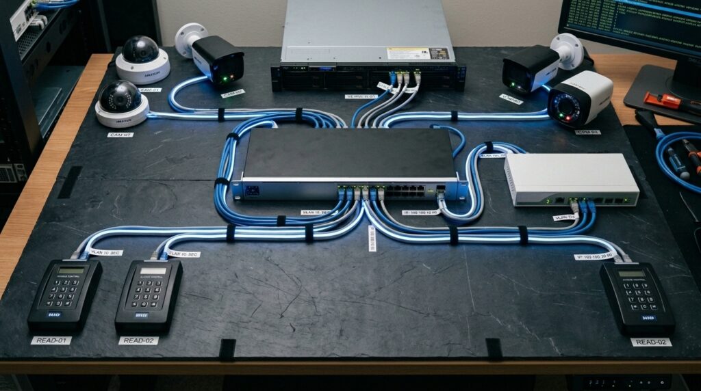 Vista superior de uma bancada de testes preta demonstrando um esquema de automação e segurança IP totalmente cabeado. No centro da mesa, destaca-se um switch de rede principal metálico de onde saem dezenas de cabos ethernet azuis e brancos perfeitamente organizados, com abraçadeiras pretas e etiquetas de identificação (como "VLAN 10"). Os cabos se conectam a vários periféricos distribuídos na mesa: na parte superior, quatro câmeras de segurança IP (duas do tipo dome e duas estilo bullet) e um servidor de rack; na base inferior, três terminais controladores de acesso com teclados numéricos pretos identificados como "READ-01" e "READ-02"; e à direita, um switch secundário compacto na cor branca.