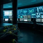 Interior de um Centro de Operações de Segurança e Rede (NOC) com iluminação futurista em tons de azul e ambiente escuro. Em primeiro plano, à esquerda, há um rack de servidores focado, mostrando switches com cabos de rede conectados e diversas luzes LED indicadoras acesas nas cores verde e amarela. Ao fundo, uma grande parede equipada com um painel de telas gigantes (videowall) exibe gráficos de tráfego de dados, topologias de rede digitais e múltiplos mosaicos com imagens de câmeras de segurança monitorando corredores industriais em tempo real. Estações de trabalho vazias com computadores e cadeiras ergonômicas completam o ambiente técnico.