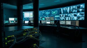 Interior de um Centro de Operações de Segurança e Rede (NOC) com iluminação futurista em tons de azul e ambiente escuro. Em primeiro plano, à esquerda, há um rack de servidores focado, mostrando switches com cabos de rede conectados e diversas luzes LED indicadoras acesas nas cores verde e amarela. Ao fundo, uma grande parede equipada com um painel de telas gigantes (videowall) exibe gráficos de tráfego de dados, topologias de rede digitais e múltiplos mosaicos com imagens de câmeras de segurança monitorando corredores industriais em tempo real. Estações de trabalho vazias com computadores e cadeiras ergonômicas completam o ambiente técnico.