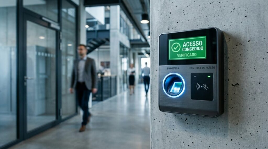 Um close de um dispositivo de controle de acesso biométrico moderno montado em uma coluna de concreto texturizado. O dispositivo tem uma tela que exibe uma marca de seleção verde e o texto em português "ACESSO CONCEDIDO - VERIFICADO". Abaixo da tela, há um leitor de impressões digitais com um anel de luz azul aceso e, ao lado, um ícone de leitor de cartão/chip RFID. Um homem de terno está desfocado no fundo, caminhando por um corredor de escritório moderno.