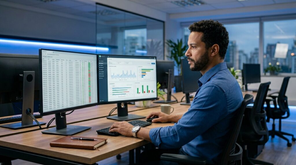 Um profissional de TI, com barba e camisa social azul, está sentado em sua mesa em um escritório de plano aberto em estilo industrial. Ele olha fixamente para dois monitores de computador que exibem dados e gráficos. Sua mão direita está no teclado e a esquerda no mouse. O escritório está iluminado por luz ambiente azul e janelas grandes que dão para a cidade ao anoitecer.