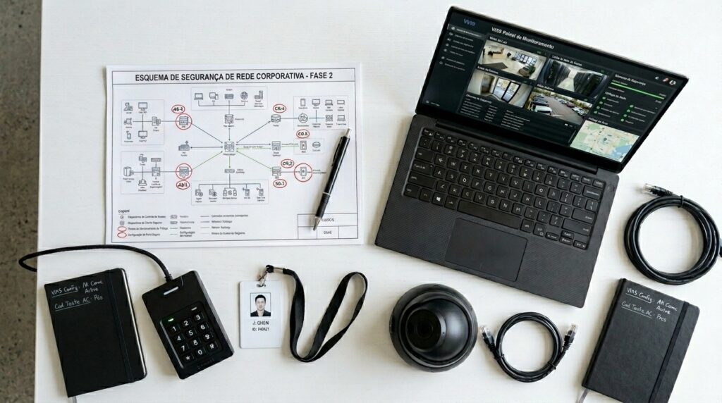 Visão aérea de uma mesa branca com diversos equipamentos de segurança corporativa. No topo esquerdo, um documento impresso exibe o "ESQUEMA DE SEGURANÇA DE REDE CORPORATIVA - FASE 2" com um diagrama de nós interconectados. À direita, um notebook aberto exibe um painel de monitoramento com quatro transmissões de vídeo ao vivo e um mapa. Na parte inferior, estão organizados uma pequena agenda preta, um teclado numérico de controle de acesso por senha, um crachá de identificação com foto em um cordão preto, uma câmera de segurança IP do tipo dome e dois cabos de rede em rolo.