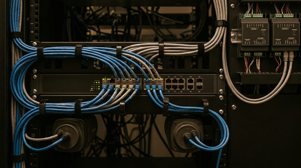 Visão frontal detalhada do interior de um rack de TI com cabeamento estruturado e organizado. No centro, um switch de rede preto possui vários cabos Ethernet azuis e cinzas conectados em suas portas numéricas, fixados com abraçadeiras de velcro pretas. Abaixo dele, a fiação azul se conecta a dois dispositivos cilíndricos. No canto superior direito, há dois módulos controladores pretos fixados, identificados como "DOOR 1" e "DOOR 2", associados a sistemas de controle de acesso de portas.