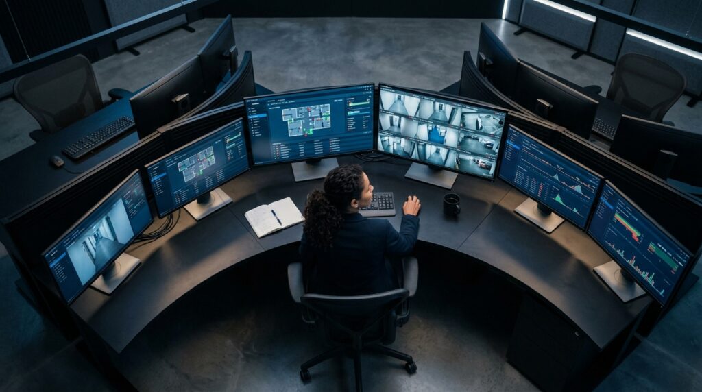 Visão aérea de uma operadora de segurança em sua estação de trabalho semicircular preta dentro de um centro de controle operacional (CCO). Ela está de costas, olhando para uma fileira curva de seis monitores integrados de computador. As telas centrais exibem a planta baixa digital de um edifício com marcações em tempo real e uma grade com nove transmissões de câmeras de segurança ao vivo. As telas laterais mostram gráficos detalhados de tráfego de rede e logs de sistema. Na mesa, há um caderno aberto com anotações, uma caneca preta e um teclado.