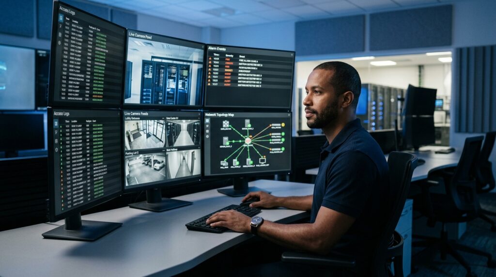 Um especialista em segurança de TI, um homem negro de perfil, monitora um grande painel composto por seis telas digitais em uma sala de controle escurecida. As telas exibem logs de acesso, transmissões de câmeras de segurança ao vivo (mostrando corredores e um estacionamento), eventos de alarme e um mapa de topologia de rede com nós interconectados. Sua mão direita opera um mouse sobre a mesa clara. No fundo, vislumbra-se um corredor técnico com servidores.
