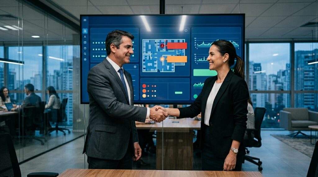 Um homem e uma mulher de negócios, ambos de terno escuro, sorriem enquanto se cumprimentam com um aperto de mãos no centro de uma sala de reuniões corporativa. Ao fundo, uma grande tela de TV exibe um painel digital com a planta baixa de um edifício em azul e vermelho, além de gráficos de monitoramento. Através das paredes de vidro da sala, é possível ver outros profissionais trabalhando e grandes janelas com vista para os prédios da cidade ao anoitecer.
