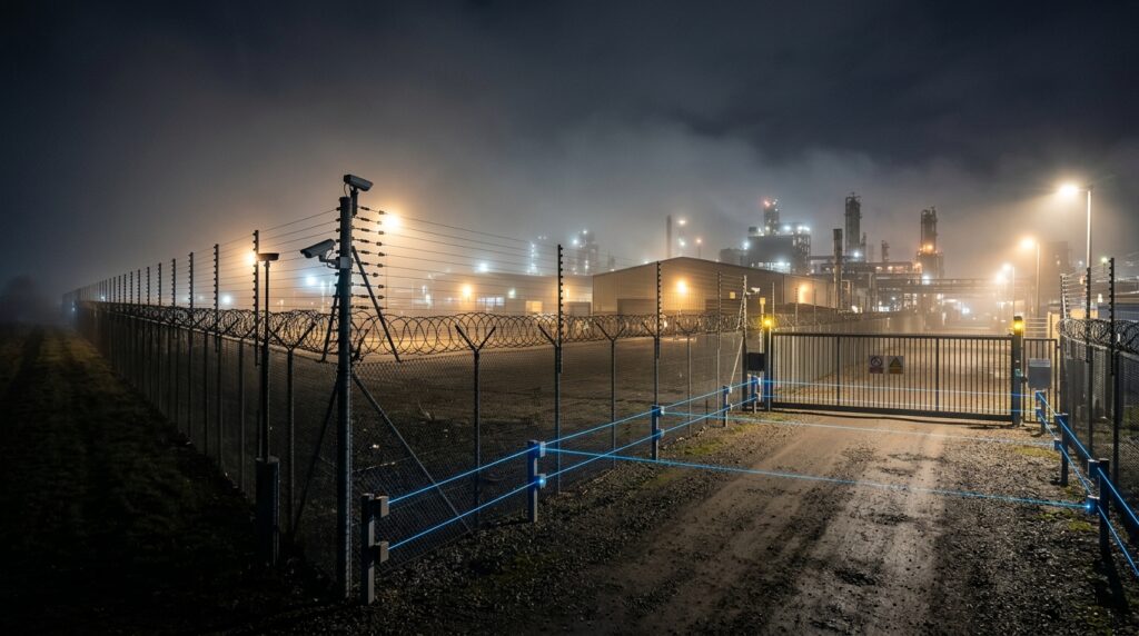 Vista externa e noturna de uma instalação industrial cercada por alambrado com arame farpado. Uma linha de laser azul brilhante simula uma barreira virtual de segurança na entrada de terra batida, cruzando em frente a um portão de metal fechado. Postes de iluminação fortes e câmeras de segurança monitoram o perímetro sob um céu nublado e com névoa.