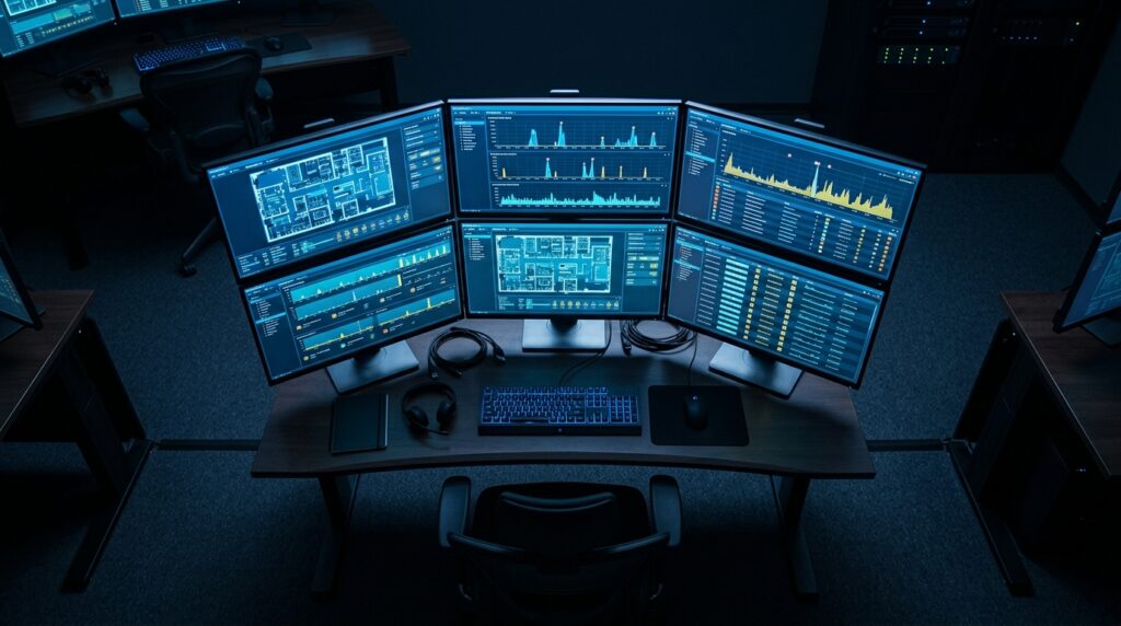 Central de monitoramento de segurança interna em ambiente escuro. Em destaque, uma mesa de trabalho com uma cadeira de escritório voltada para seis monitores interconectados, exibindo plantas arquitetônicas digitais, gráficos de dados em tempo real e linhas de sensores em tons de azul e amarelo. Teclado, mouse e um headset estão organizados sobre a mesa.
