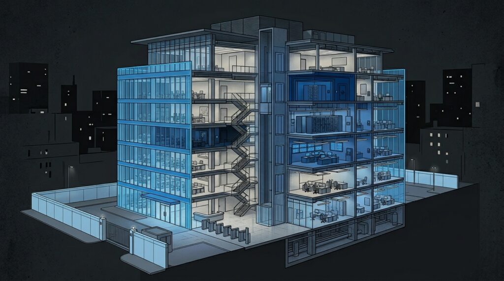 Ilustração em corte transversal de um edifício corporativo moderno de vários andares durante a noite. Algumas seções e salas específicas estão destacadas com uma iluminação azul brilhante, indicando áreas monitoradas por sistemas de segurança e servidores, em contraste com o restante do prédio e o fundo urbano escuro.