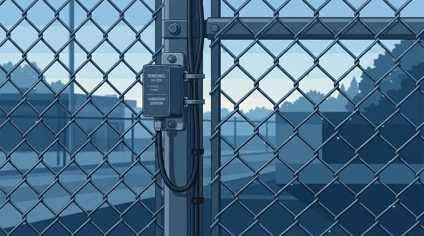 Ilustração vetorial em plano detalhado de um sensor de vibração fixado no pilar de uma cerca de tela metálica. O dispositivo cinza-escuro é identificado como "SENTINEL SV-200 VIBRATION SENSOR", apresentando luzes indicadoras verdes acesas para "STATUS" e "POWER". Cabos pretos saem da base do sensor e correm verticalmente pelo poste de sustentação, com gotículas de água visíveis na trama da cerca.