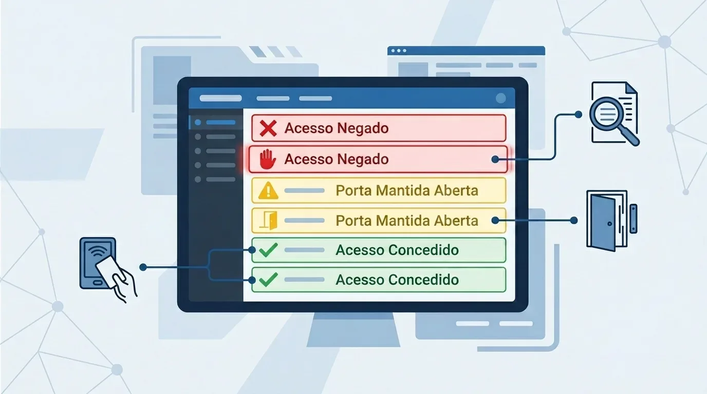 Ilustração vetorial de um monitor exibindo um painel de registros de controle de acesso categorizados por cor e ícone: caixas vermelhas no topo indicam "Acesso Negado" com ícones de erro e travamento; caixas amarelas ao centro indicam "Porta Mantida Aberta" com ícone de alerta; e caixas verdes na base indicam "Acesso Concedido" com ícones de verificação. Elementos gráficos nas laterais conectam as categorias a ícones de leitura de cartão de proximidade, sensor de porta e análise de documentos.