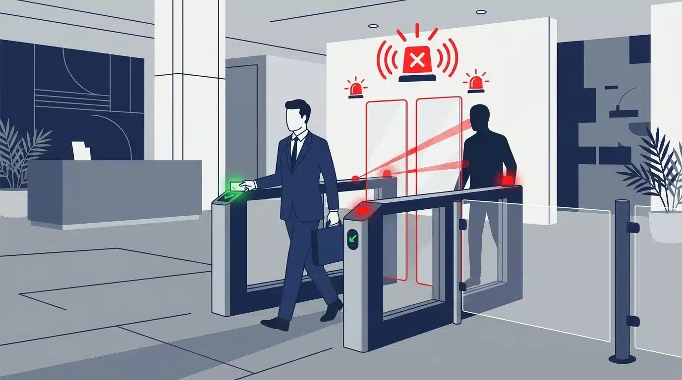 Ilustração vetorial demonstrando o funcionamento de um sistema anti-carona (anti-tailgating) em catracas de acesso. À esquerda, um executivo de terno e maleta valida seu cartão na leitora com luz verde e passa pela catraca. Imediatamente atrás, uma silhueta escura tenta passar sem autorização, interrompendo os feixes de sensores ópticos vermelhos e disparando alarme visual e sonoro com sirenes e um símbolo de erro destacado em vermelho acima das portas.