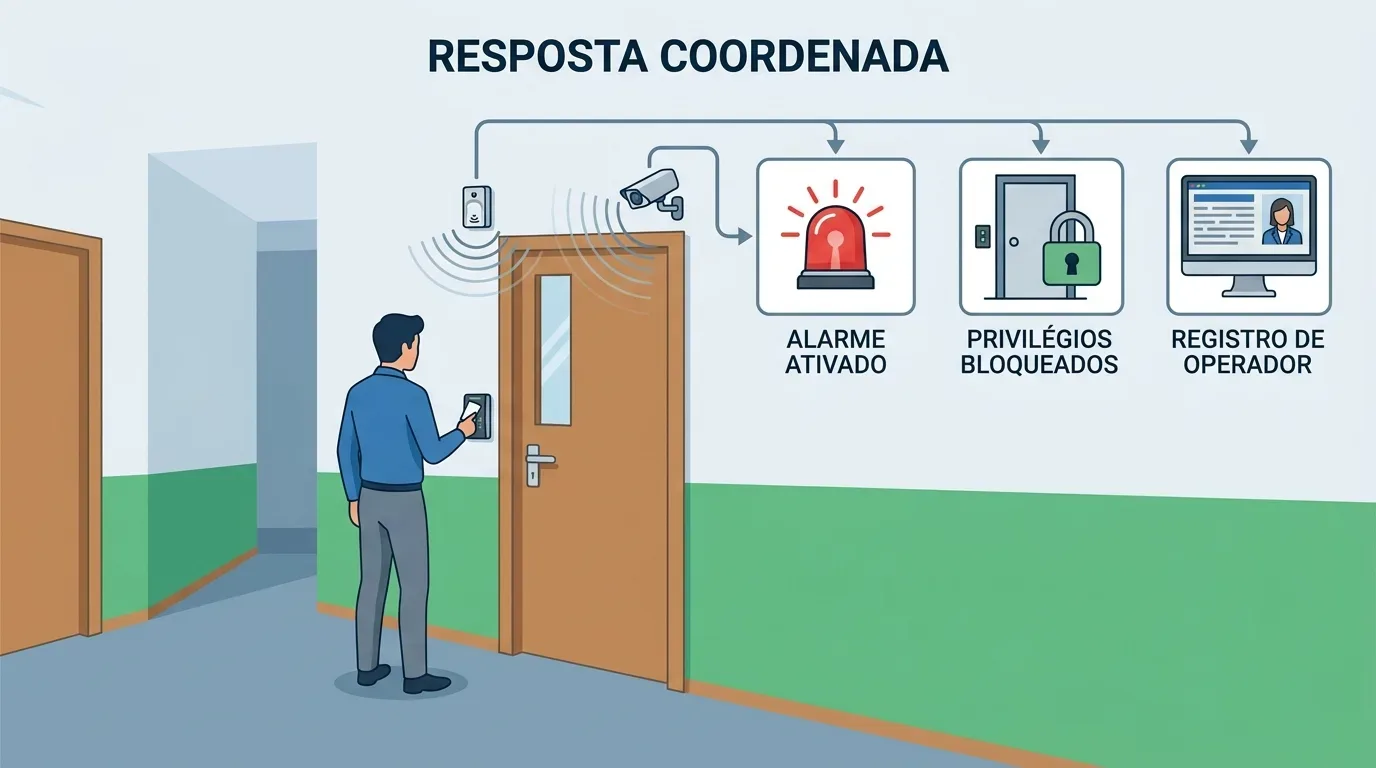 Diagrama ilustrativo com o título "RESPOSTA COORDENADA" demonstrando o funcionamento de um sistema de segurança integrado. À esquerda, um homem aproxima um cartão de proximidade de um leitor instalado ao lado de uma porta sob a vigilância de uma câmera. Setas indicativas conectam o evento a três etapas automatizadas representadas por ícones: "ALARME ATIVADO" (ilustrado por uma sirene vermelha), "PRIVILÉGIOS BLOQUEADOS" (ilustrado por uma porta com cadeado) e "REGISTRO DE OPERADOR" (ilustrado por um monitor exibindo dados do usuário).
