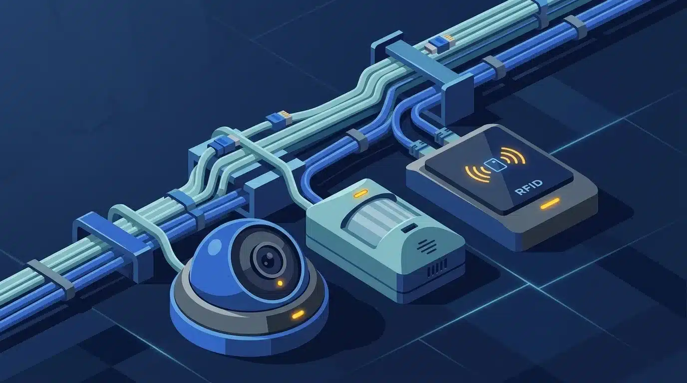 Ilustração vetorial isométrica em tons de azul destacando componentes de segurança física e lógica. Em primeiro plano, veem-se uma câmera domo de CFTV, um sensor de presença infravermelho e um leitor de aproximação inteligente identificado com a sigla "RFID". Todos os dispositivos estão interligados a feixes organizados de cabos de rede azuis e cianos conduzidos por suportes de infraestrutura estruturada.