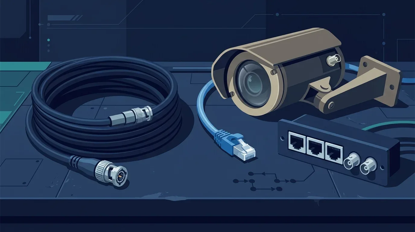 Ilustração vetorial exibindo equipamentos para modernização e conversão de sistemas de CFTV sobre uma bancada técnica azul-escura. À esquerda, observa-se um rolo de cabo coaxial preto com conectores BNC nas extremidades. Ao centro, um cabo de rede azul com conector RJ45 repousa próximo a uma câmera bullet montada em suporte. À direita, um módulo conversor híbrido apresenta três portas de rede RJ45 e duas entradas de vídeo BNC.