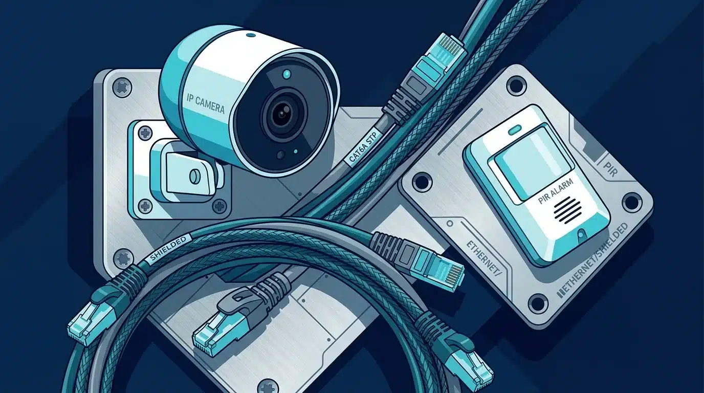 Ilustração vetorial em plano detalhado de equipamentos de segurança eletrônica sobre fundo azul-escuro. No canto superior esquerdo, destaca-se uma câmera bullet identificada como "IP CAMERA"; à direita, um sensor de presença infravermelho rotulado como "PIR ALARM" sobre uma placa metálica com a inscrição "ETHERNET / SHIELDED"; e em primeiro plano, cabos de rede blindados do tipo "CAT6A STP" com conectores RJ45 aparecem entrelaçados.