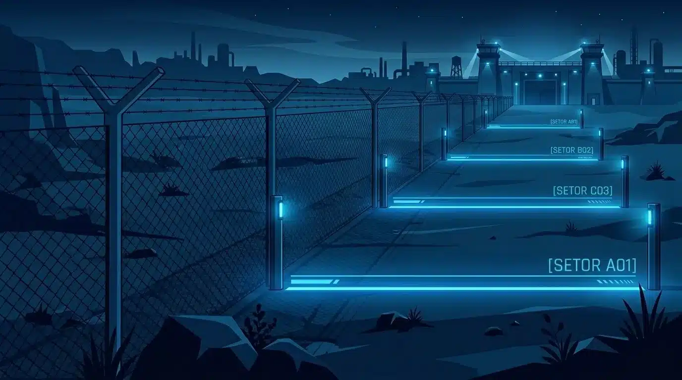 Ilustração vetorial em tons de azul-escuro retratando o perímetro de uma instalação industrial à noite. Uma cerca metálica com arame farpado estende-se ao longo do cenário, acompanhada por postes com feixes luminosos cianos que cortam o solo, demarcando setores identificados como "[SETOR A01]", "[SETOR C03]", "[SETOR B02]" e "[SETOR AB1]". Ao fundo, veem-se as silhuetas de galpões industriais e torres de vigilância com refletores acesos.