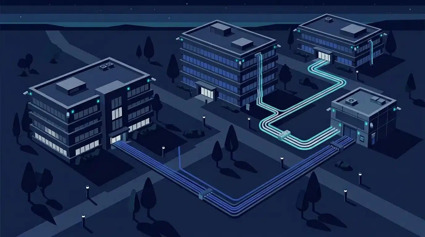 Ilustração vetorial isométrica em tons de azul-escuro representando um complexo corporativo noturno composto por quatro edifícios. Linhas luminosas em tom ciano simulam a rede de cabeamento e alarme que conecta os prédios e as câmeras de vigilância externas a um ponto central de distribuição.
