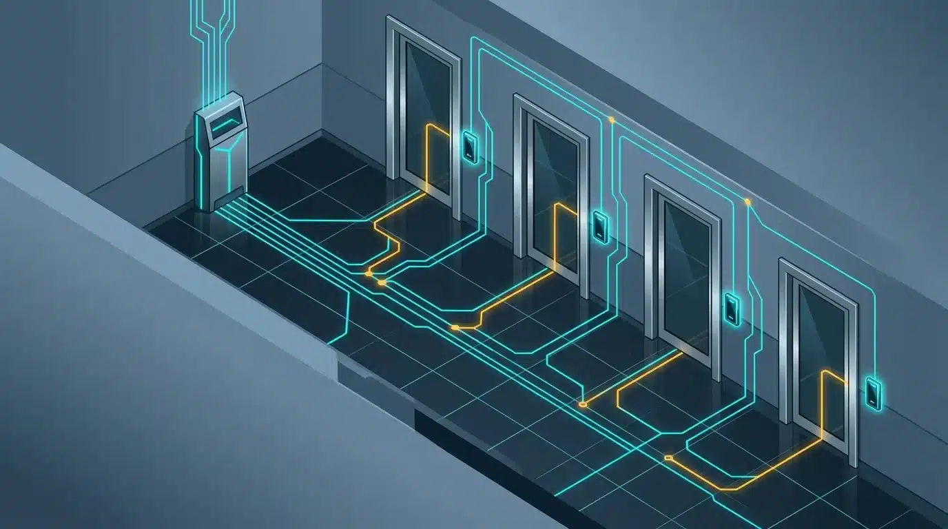 Ilustração vetorial isométrica do corredor de um edifício corporativo demonstrando o esquema de um sistema de controle de acesso integrado. Quatro portas alinhadas possuem leitores digitais instalados nas paredes, todos conectados a um terminal de gerenciamento central ao fundo por meio de linhas cianas e alaranjadas brilhantes que simulam circuitos eletrônicos e fluxo de dados sobre o piso escuro.