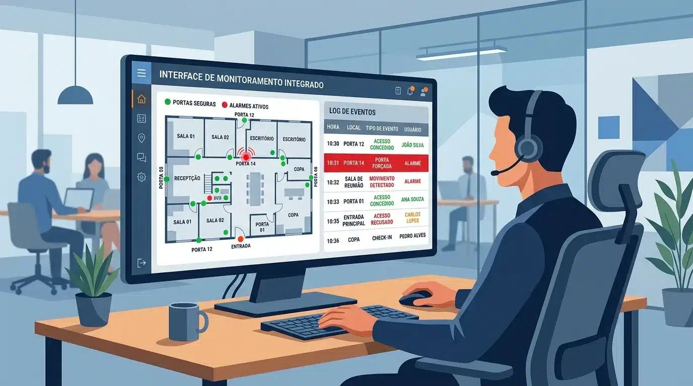 Ilustração vetorial de um operador de segurança usando headset e sentado diante de um monitor em uma estação de trabalho. A tela exibe o painel "INTERFACE DE MONITORAMENTO INTEGRADO", dividida entre a planta baixa de um escritório com pontos verdes indicando "PORTAS SEGURAS" e um alerta vermelho na "PORTA 14" indicando "ALARMES ATIVOS", e a tabela "LOG DE EVENTOS" listando ocorrências como "ACESSO CONCEDIDO", "PORTA FORÇADA" em destaque vermelho e "ACESSO RECUSADO". Ao fundo, outros funcionários trabalham em um escritório com divisórias de vidro.