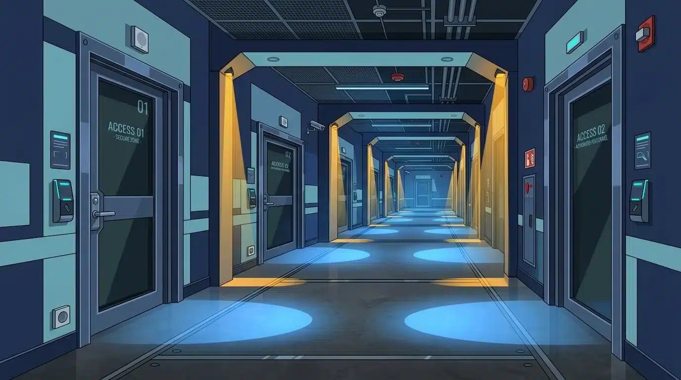 Ilustração vetorial de um corredor futurista de alta segurança em um edifício corporativo. As portas metálicas blindadas exibem as marcações "ACCESS 01 - SECURE ZONE -" e "ACCESS 02 - AUTHORIZED PERSONNEL -", equipadas com leitores biométricos digitais ao lado das batentes. O ambiente é iluminado por focos de luz amarela sob pórticos e feixes azuis projetados no piso escuro, contando com câmeras de vigilância e dispositivos de alarme no teto e nas paredes.