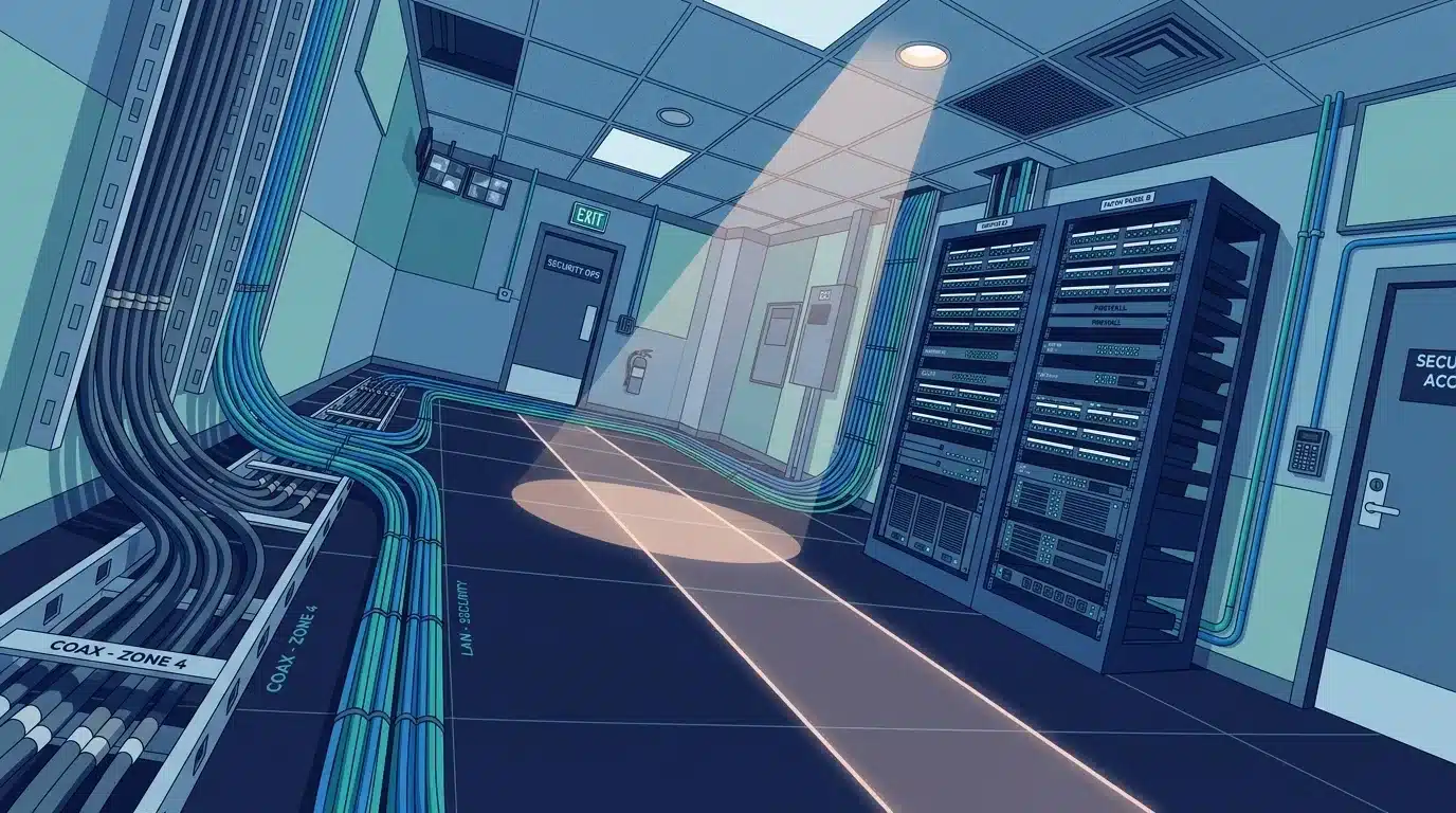 Ilustração vetorial em ângulo aberto de uma sala de equipamentos e infraestrutura de segurança. À esquerda, esteiras organizadoras no piso transportam feixes de cabos azuis e pretos com as marcações "COAX - ZONE 4" e "LAN - SECURITY". À direita, destacam-se dois grandes racks de telecomunicações com patch panels e equipamentos de rede, ao lado de uma porta com controle de acesso ("SECURE ACCESS"). Ao fundo, uma porta com sinalização luminosa verde de saída ("EXIT") dá acesso à sala de operações "SECURITY OPS".