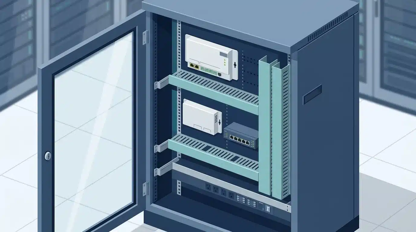Ilustração vetorial isométrica de um rack metálico de telecomunicações e controle de acesso com a porta de vidro aberta. O interior do armário organiza módulos controladores brancos, um switch de rede com portas Ethernet, calhas plásticas vazadas para organização de fiação em tom verde-água e uma régua de tomadas elétricas na base. Ao fundo desfocado, observa-se o piso elevado de um data center.
