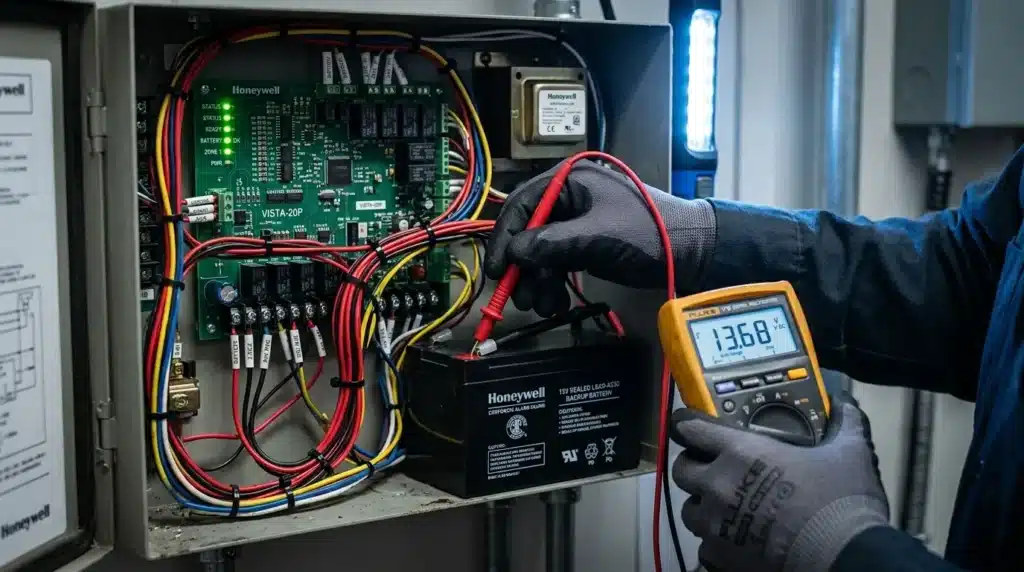 Fotografia em plano fechado de um técnico usando luvas de proteção e medindo a voltagem com um multímetro digital Fluke, que exibe "13.68 V DC". Ele testa a bateria de emergência selada de 12V dentro de uma central de alarme da marca Honeywell VISTA-20P, que apresenta painel de fiação organizada com identificadores de cabos e LEDs verdes de status acesos.