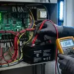 Fotografia em plano fechado de um técnico usando luvas de proteção e medindo a voltagem com um multímetro digital Fluke, que exibe "13.68 V DC". Ele testa a bateria de emergência selada de 12V dentro de uma central de alarme da marca Honeywell VISTA-20P, que apresenta painel de fiação organizada com identificadores de cabos e LEDs verdes de status acesos.