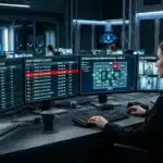 Uma analista de segurança de perfil, vestindo blazer escuro e crachá, operando um computador com múltiplos monitores em uma central de controle. As telas exibem logs em tempo real intitulados "REAL-TIME ACCESS CONTROL LOGS", alertas em destaque vermelho para "CRITICAL: Door Forced Open", a planta baixa "INTERACTIVE BUILDING FLOOR PLAN - LEVEL 4" com pontos de controle e transmissões ao vivo de câmeras em "LIVE CCTV FEEDS". O ambiente é uma central de operações escura com outros monitores e operadores ao fundo.