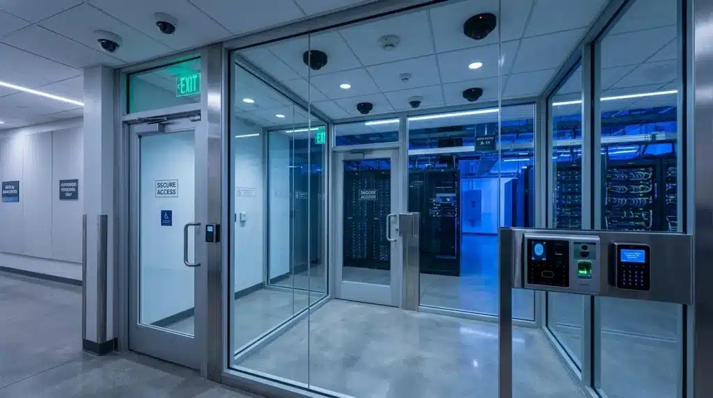 Fotografia em plano aberto de uma eclusa de segurança (vestíbulo de vidro) de controle de acesso a um centro de dados. A porta de vidro exibe a etiqueta "SECURE ACCESS", acompanhada de terminais de controle com teclado numérico e leitor biométrico digital nas colunas metálicas. No teto, observam-se diversas câmeras de segurança do tipo domo cobrindo todos os ângulos do espaço e uma sinalização luminosa verde de saída de emergência ("EXIT"). A transparência do vidro revela a sala de servidores ao fundo iluminada por luzes azuis.