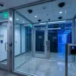 Fotografia em plano aberto de uma eclusa de segurança (vestíbulo de vidro) de controle de acesso a um centro de dados. A porta de vidro exibe a etiqueta "SECURE ACCESS", acompanhada de terminais de controle com teclado numérico e leitor biométrico digital nas colunas metálicas. No teto, observam-se diversas câmeras de segurança do tipo domo cobrindo todos os ângulos do espaço e uma sinalização luminosa verde de saída de emergência ("EXIT"). A transparência do vidro revela a sala de servidores ao fundo iluminada por luzes azuis.